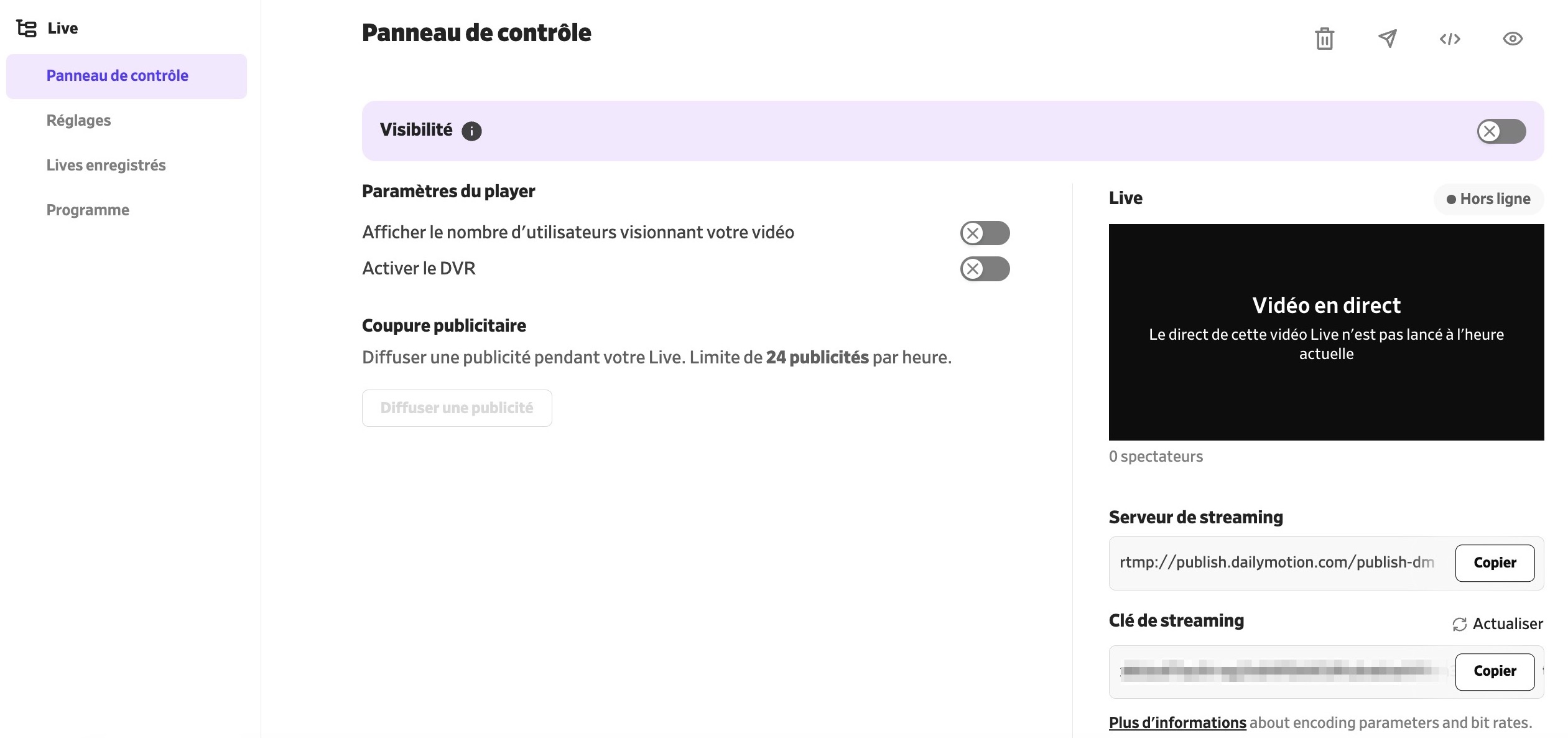 dailymotion panneau de controle live