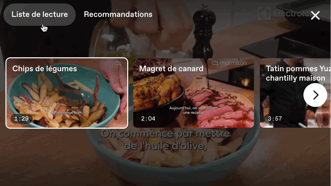 capture d'écran des onglets dans le Player : Playlist et Recommendations