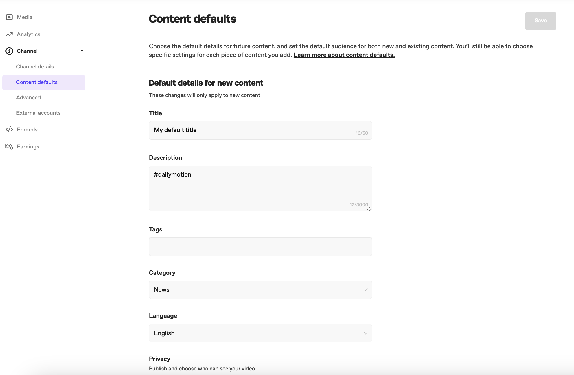 View of the content defaults page on the Dailymotion Studio