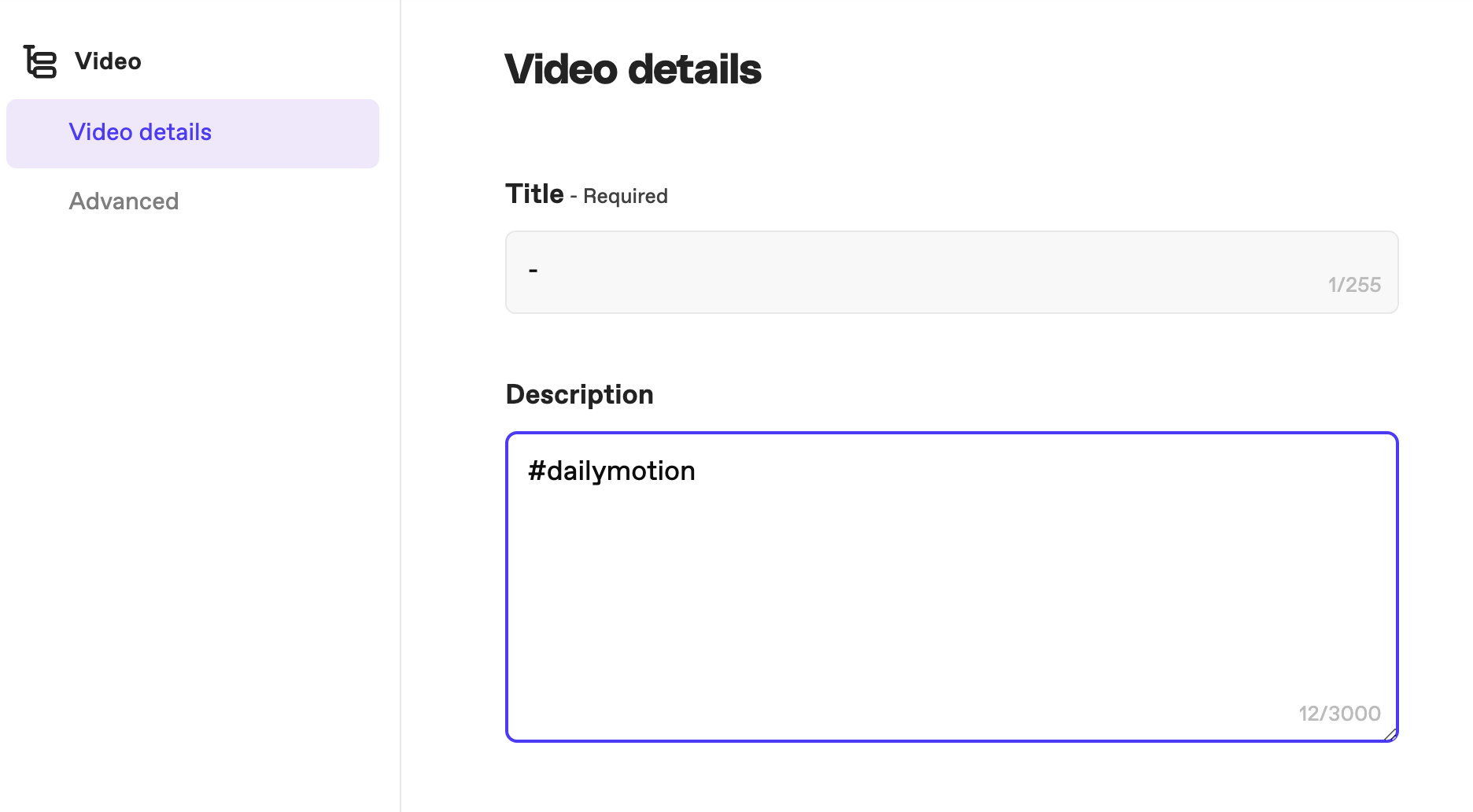 View of hashtag input in a video description field on the Dailymotion Studio